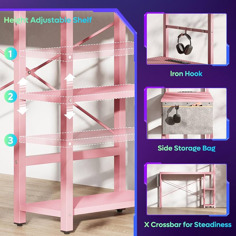 Amazon.com: Bestier Pink Gaming Desk with Power Outlets, 44