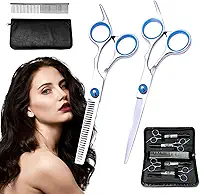 Conjunto de Tesouras Profissionais para Corte de Cabelo e Tosa de Pets, Aço Inoxidável 3CR13, 7 Peças com Estojo, Lâminas Afiadas Antiferrugem, Azul e Rosa (Azul)