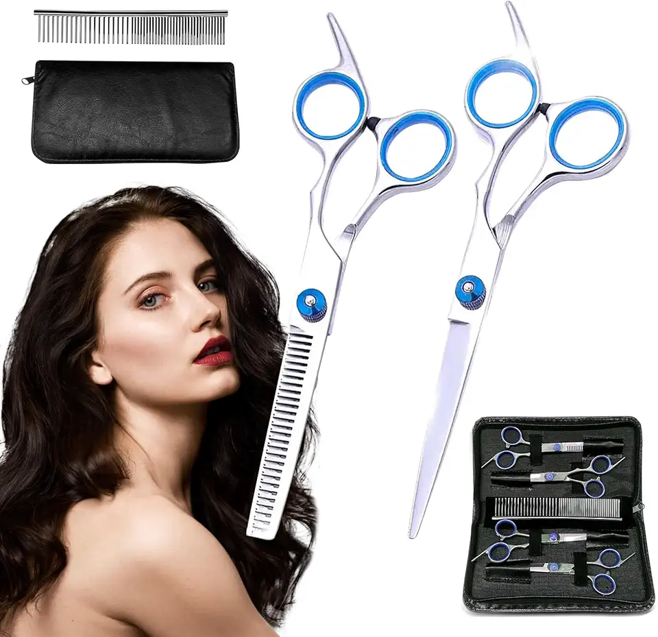 Conjunto de Tesouras Profissionais para Corte de Cabelo e Tosa de Pets, Aço Inoxidável 3CR13, 7 Peças com Estojo, Lâminas Afiadas Antiferrugem, Azul e Rosa (Azul)