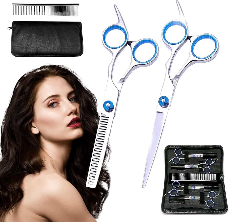 Conjunto de Tesouras Profissionais para Corte de Cabelo e Tosa de Pets, Aço Inoxidável 3CR13, 7 Peças com Estojo, Lâminas Afiadas Antiferrugem, Azul e Rosa (Azul)