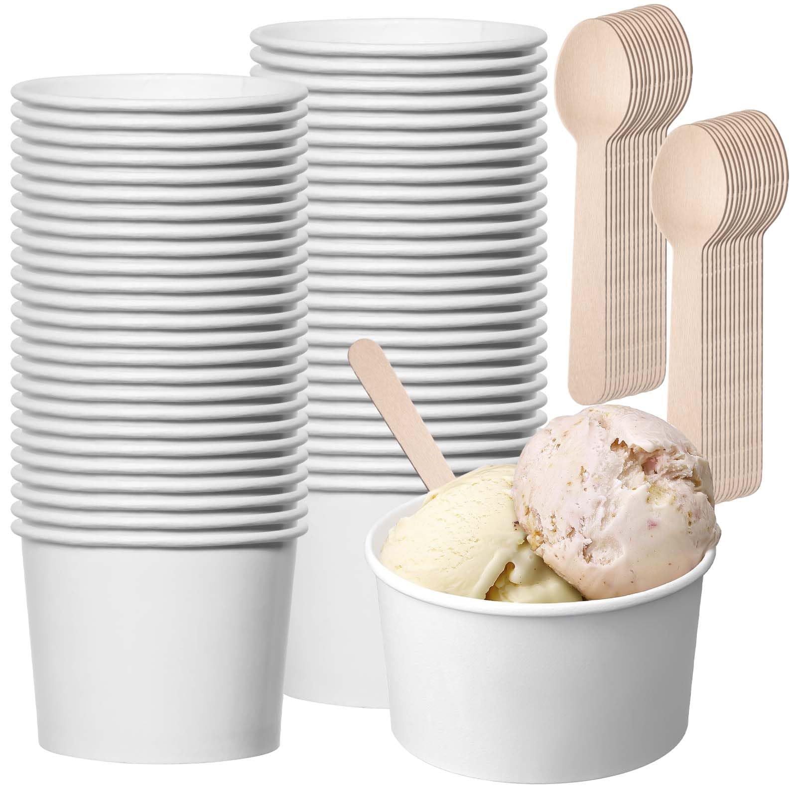 50 bicchieri da gelato universali in cartone ecologico, 240 ml, in carta, con 50 cucchiai, in cartone, compostabili, per gelato, yogurt, finger food, bianco