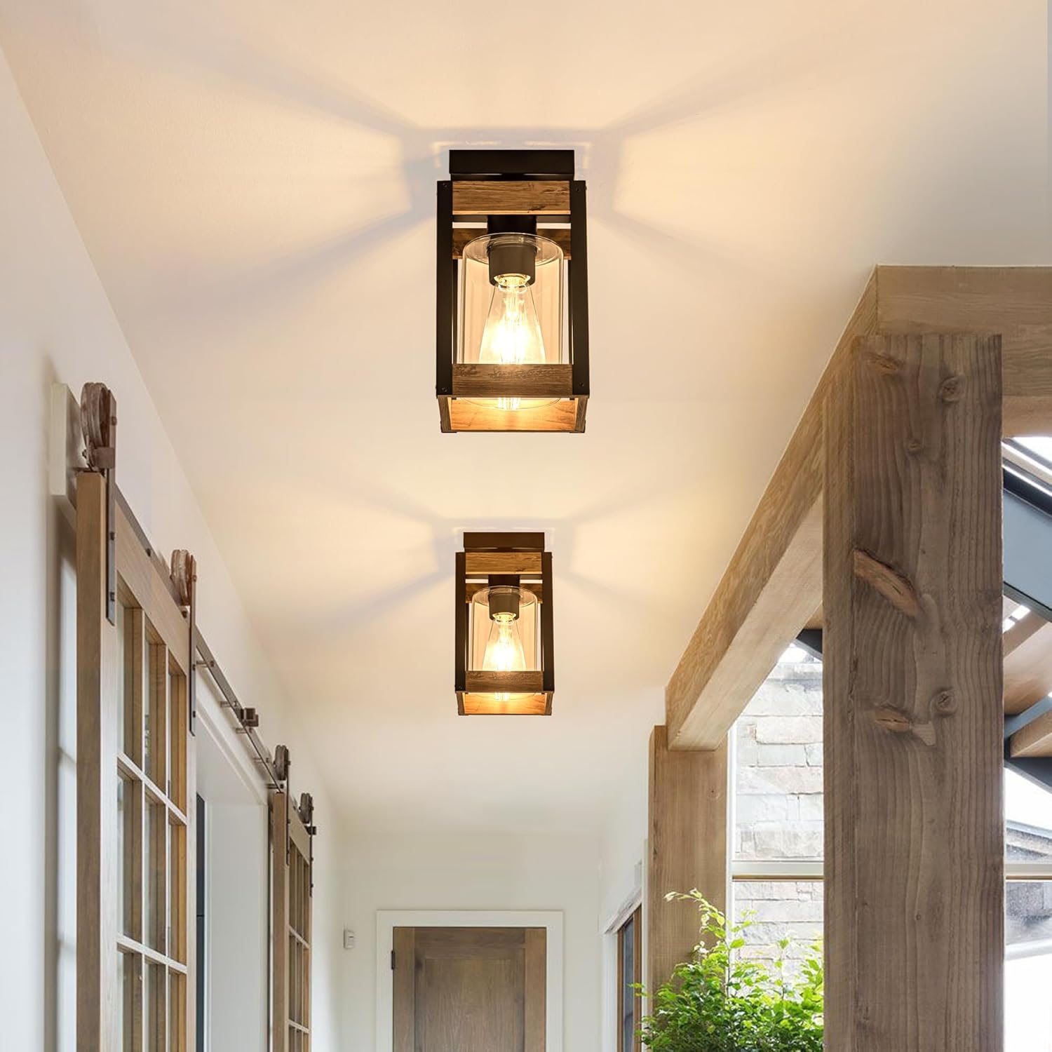 Mayful Farmhouse Flush Mount Ceiling Light, Rustic Ceiling Light Combine with Metal and Wood Frame, Clear Glass Ceiling Light Fixture for Kitchen Island Entryway Porch Foyer Dining Room