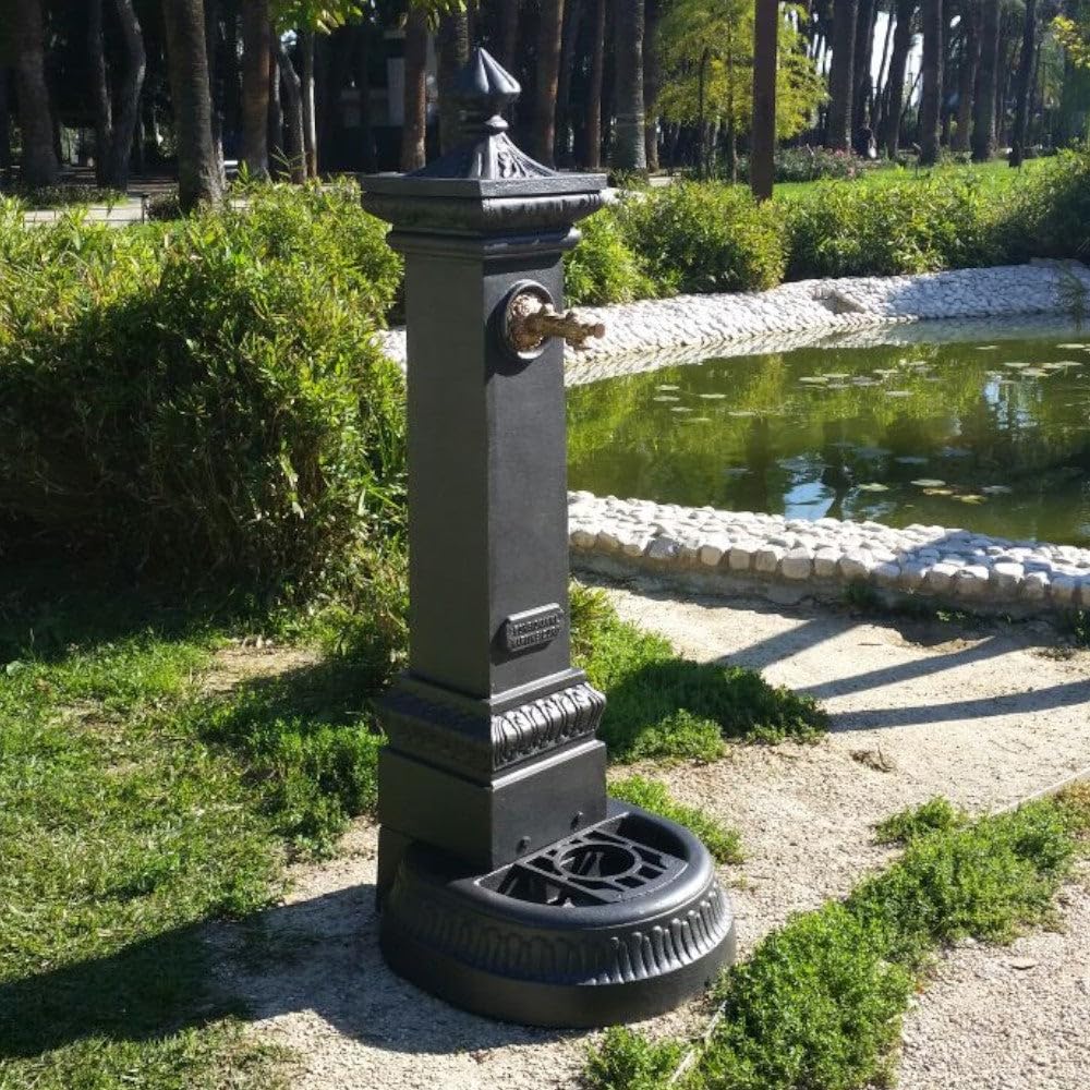 Fontana Da Pavimento in Ghisa Antracite Da Esterno per Giardino, Adatta Agli Agenti Atmosferici, Dimensioni 41x37xH100 Cm, Colore Antracite, Senza Rubinetto