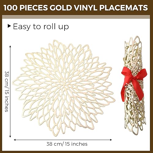 Miniatura 2 de Chengu 100 manteles individuales redondos de vinilo prensado metálico con hojas huecas y flores, manteles individuales decorativos redondos para
