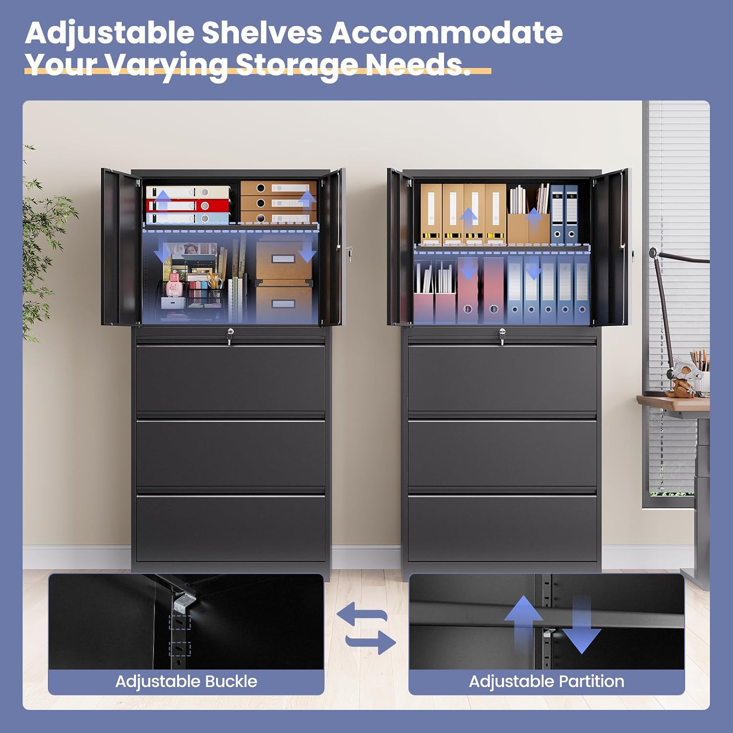 3 Drawer Lateral File Cabinet, Office Storage Cabinet with 3 Wide&Deep Drawers and Locking Doors, Black Metal Cabinet with Adjustable Shelves for Home Office, Fits A4/Letter/Legal Size Folders