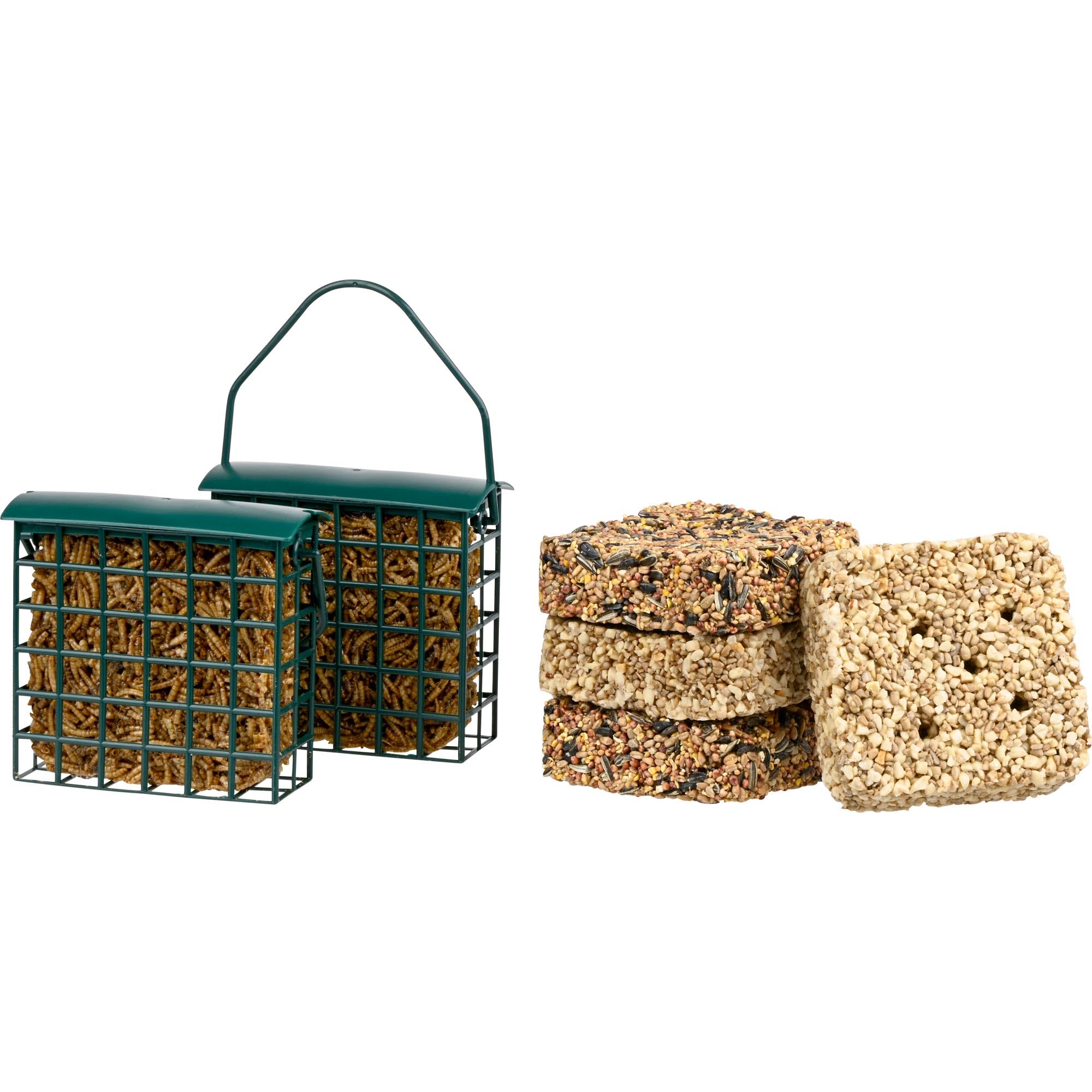 dobar® 8-teiliges Wildvogelfutter-Set - 6 Futterblöcke in verschiedenen Sorten - 2 Futterspender zum Aufhängen - Ganzjahresfutter für Vögel - Wildvogelfutter 1,5 kg