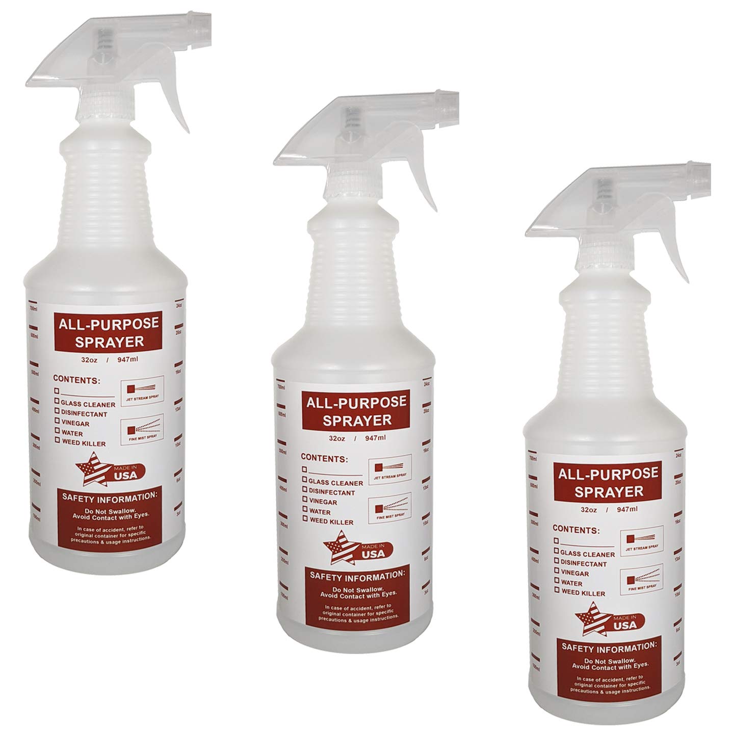 32 oz All-Purpose Spray Bottles - Natural HDPE Plastic w/Trigger Sprayer - Commercial Grade, Industrial or Home Use for Cleaning, Chemicals, Garden - Made in USA (3 Pack, Red)