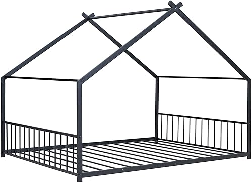 Miniatura 136 de Cama de casa de tamaño individual con diseño de valla y techo, marco de cama de metal, marco de cama de piso doble, base de cama Montessori de Color