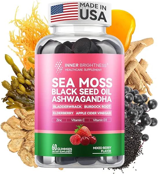 Inner Brightness Sea Moss 4000mg Gummies with Ashwagandha, Elderberry, Apple Cider Vinegar, Bladderwrack, Burdock Root – Immune Support – Mixed Berry Flavor – 60 Count