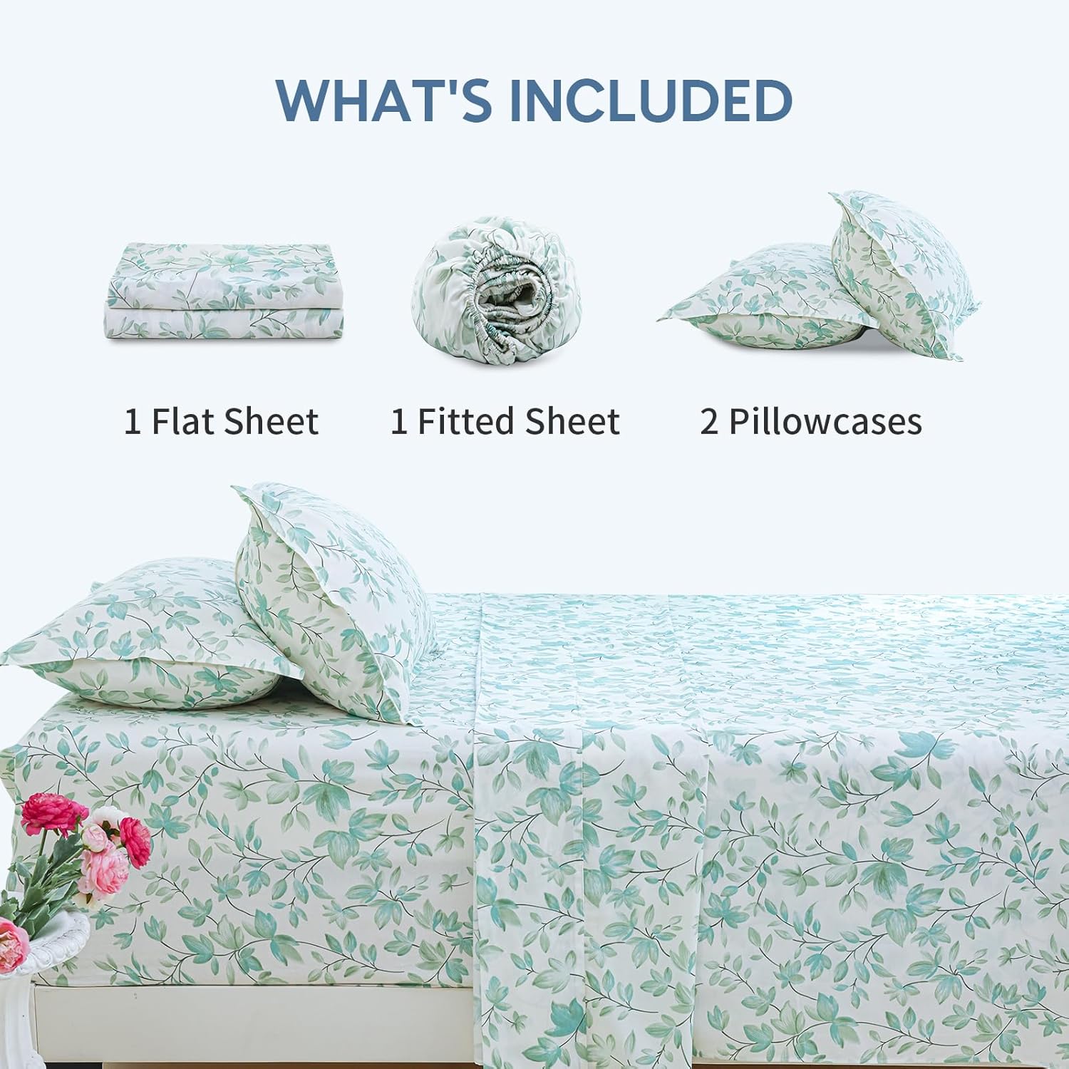 Green Vine Floral Cotton Bedding Set - King Size- Lyocell Cooling Breathable Bed Sheet for Hot Sleepers,Hypoallergenic, 16-inch deep Pocket,All-Season,4 Pieces