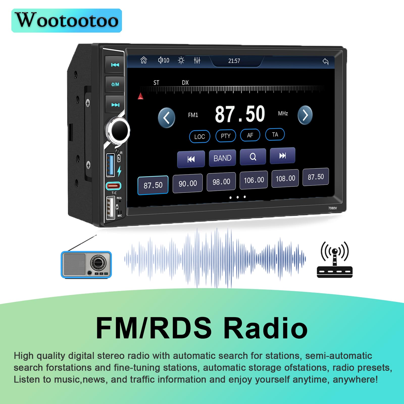 Autoradio 2 DIN BT Autoradio Car Play Voiture avec sans Fil carplay & Android Auto,Double Din 7 Pouces HD Écran Tactile,RDS Radio FM/Type C/Charge Rapide/Microphone/Caméra de recul