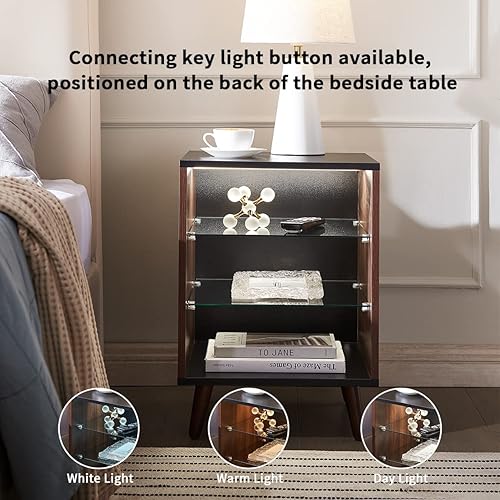 Miniatura 5 de Juego de 2 mesitas de noche con 3 cajones mesita de noche pequeña con luz LED para dormitorio sala de estar marco de madera resistente estante de