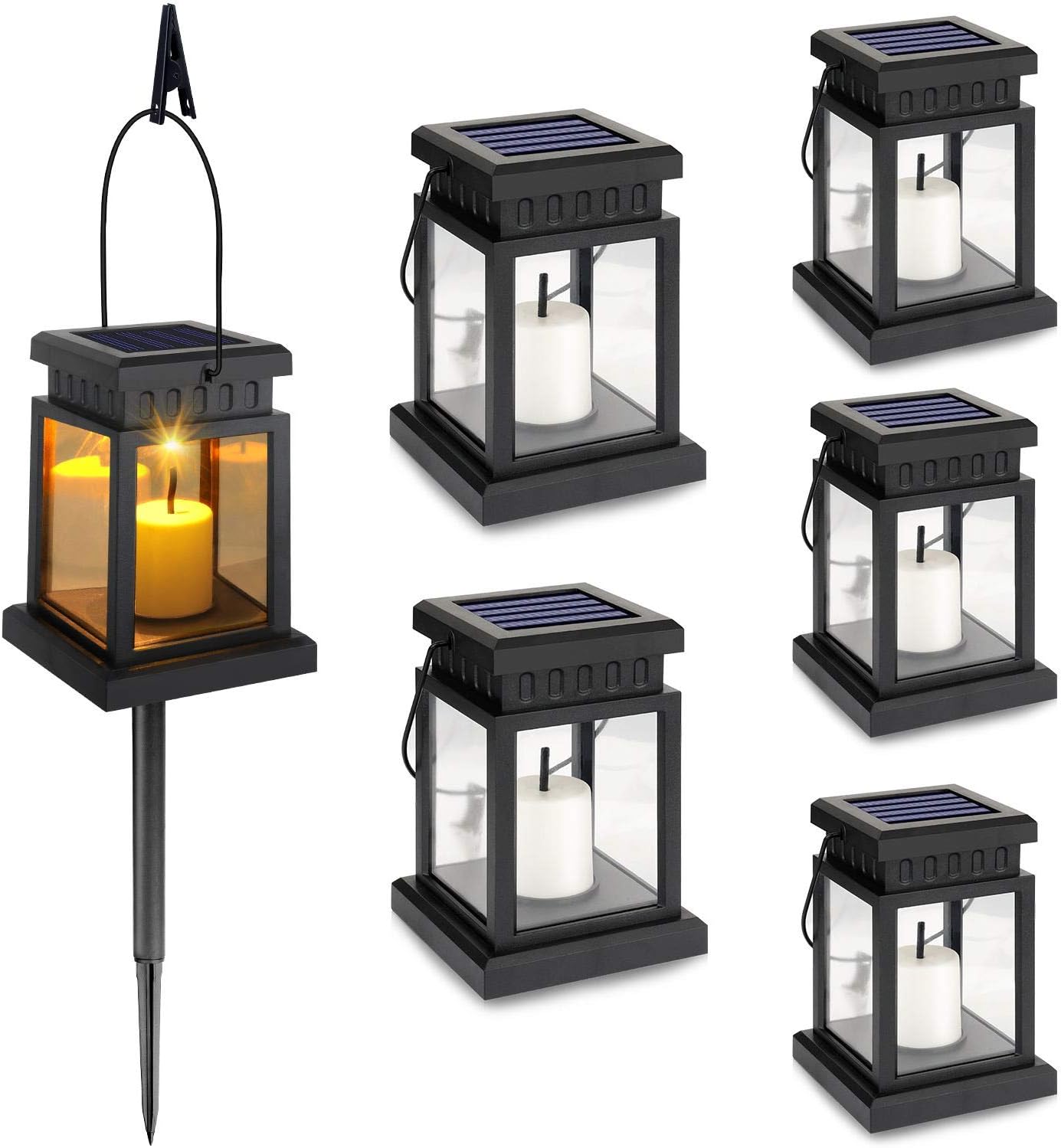 6-Pack Solar Hanging Lantern Outdoor, Candle Flickering Flame Effect LED Solar Lights, Warm White, Decorative Lighting with Stakes for Patio, Garden, Lawn, Deck, Umbrella, Tent, Tree, Yard- Waterproof