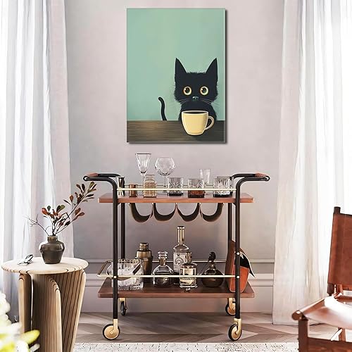 Miniatura 3 de Yaneiro Arte de pared enmarcado divertido de gato negro, imagen abstracta para beber café, lindo gato negro retro, decoración de pared, póster de