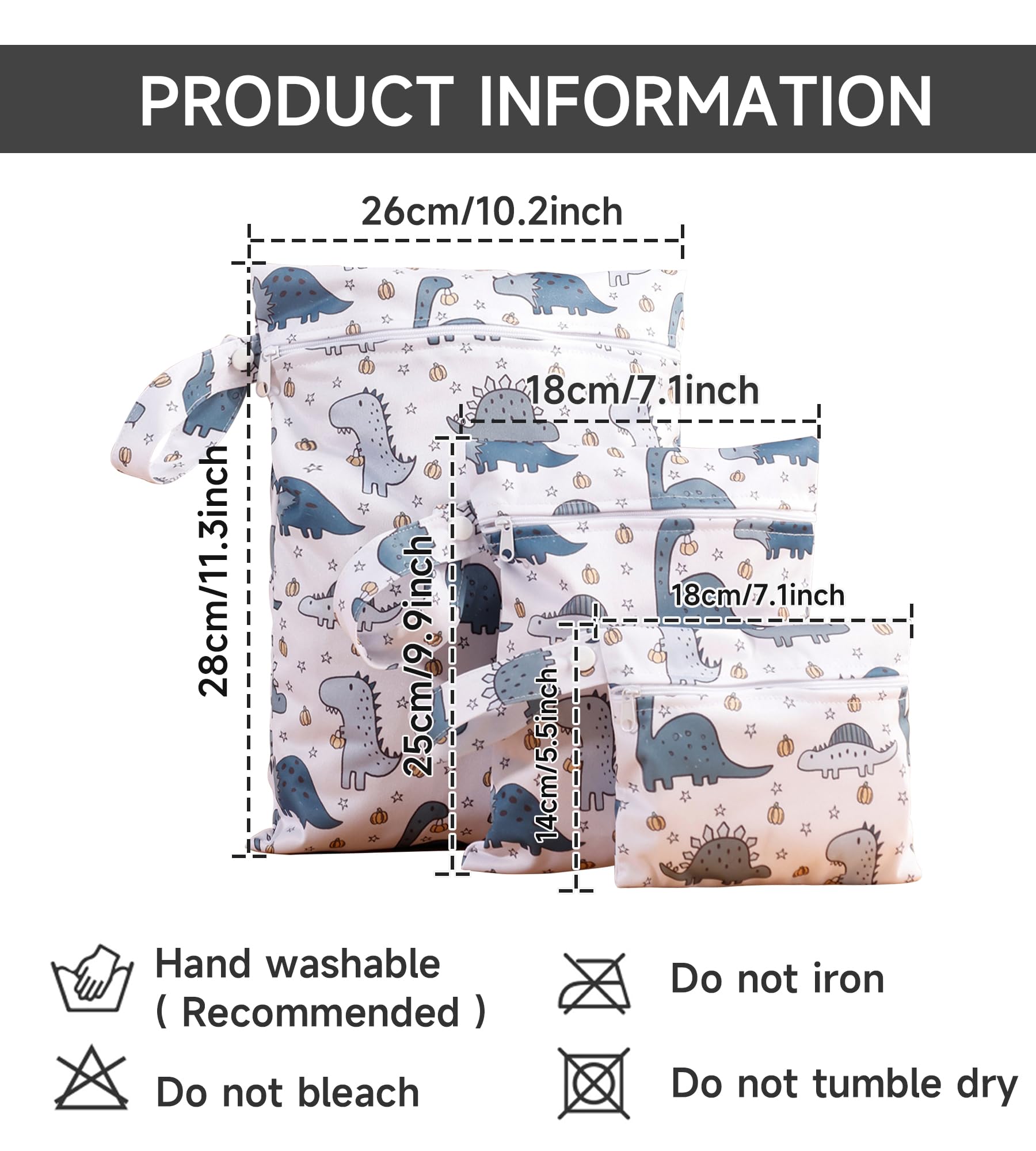 SEAUR Wet Dry Bag Set Cloth Diaper Wet Bag Waterproof Reusable Wet Dry Bag Baby Reusable Zipper Bag Wet Bathing Suit Bag Blue Dinosaur - Image 4