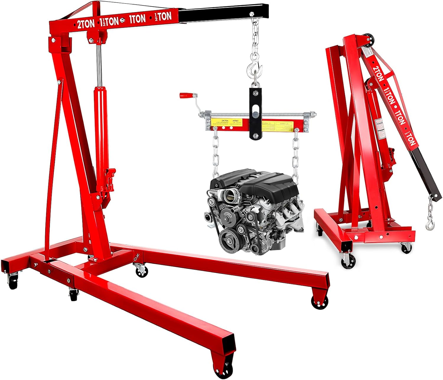 2 Ton Hydraulic Engine Hoist, 4400 LB Foldable Mobile Cherry Picker with Pulleys & Adjustable Telescopic Booms, 8 Ton Heavy Duty Engine Crane for Garage, Warehouse, Auto Repair, Red