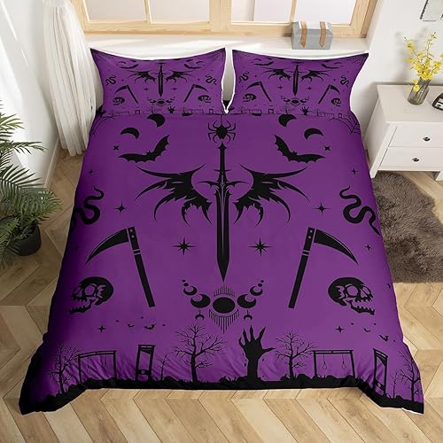 Halloween Bat Duvet Cover Set Queen Size,Sun Moon Stars Sword Print Bedding Set 