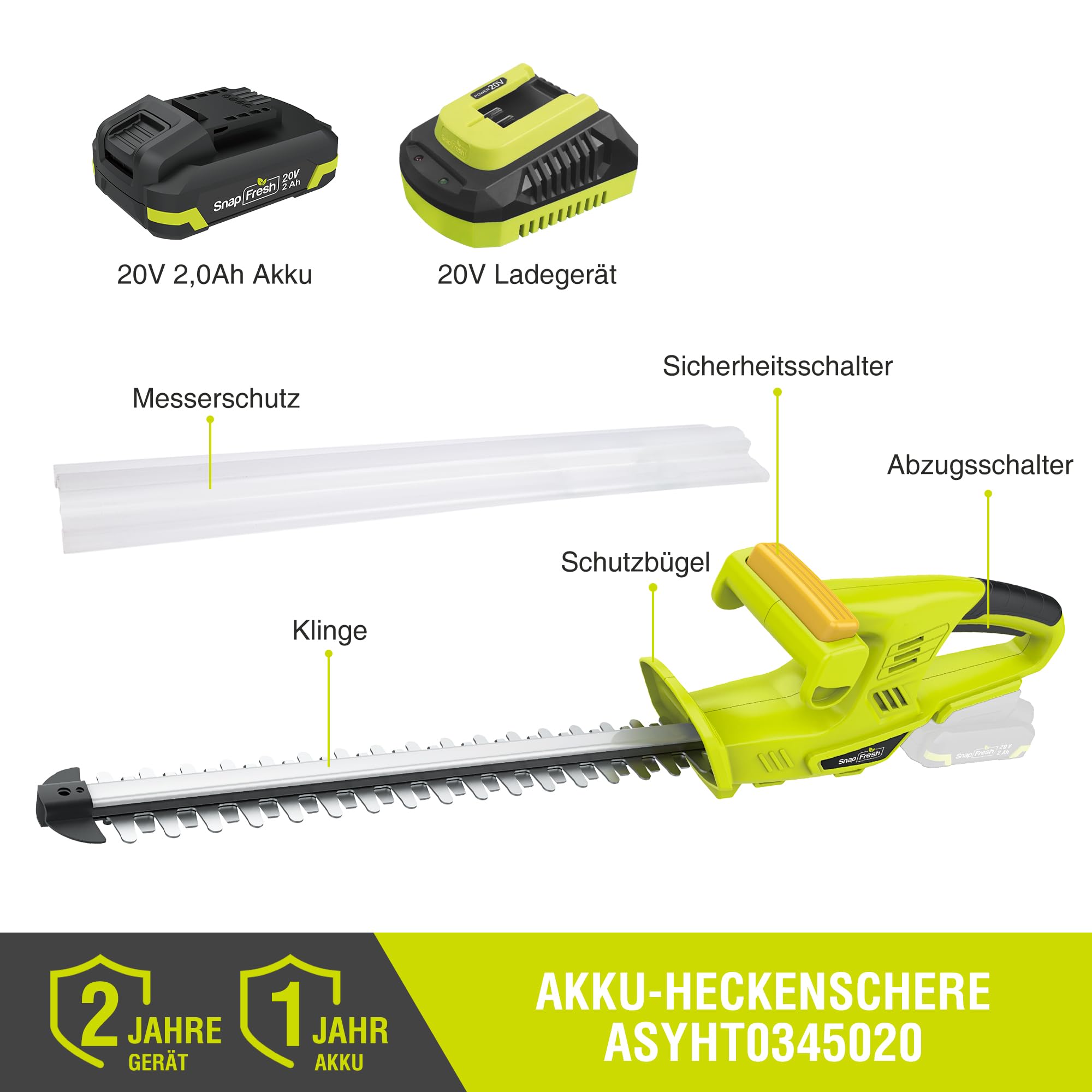 SnapFresh Akku-Heckenschere 20V, 45 cmSchnittlänge, Heckenschneider mit 2800SPM Doppelmesser aus Mn65 Stahl, Leichte Heckenschere für Hecken, Sträucher & Gartenarbeit, 2,0Ah Akku & Ladegerät Inklusive