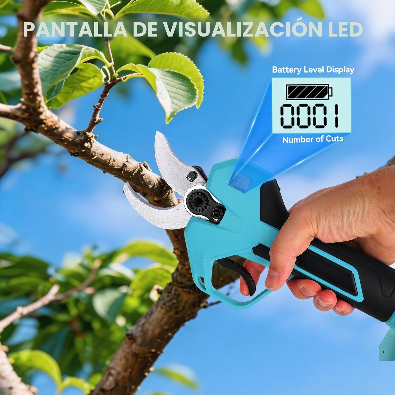 Tijeras de Podar Electricas 50mm a Batería, Tijeras de Podar Bateria Con pantalla 2 baterías de 2000mAh 2 cuchillas SK5 2 Tamaños de Apertura (25/50mm) Para Huertos Jardines y Granjas Azul