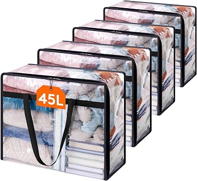 Lifewit 4 Pack Clear Storage Bags, 45L Plastic Clothes Storage Bags
