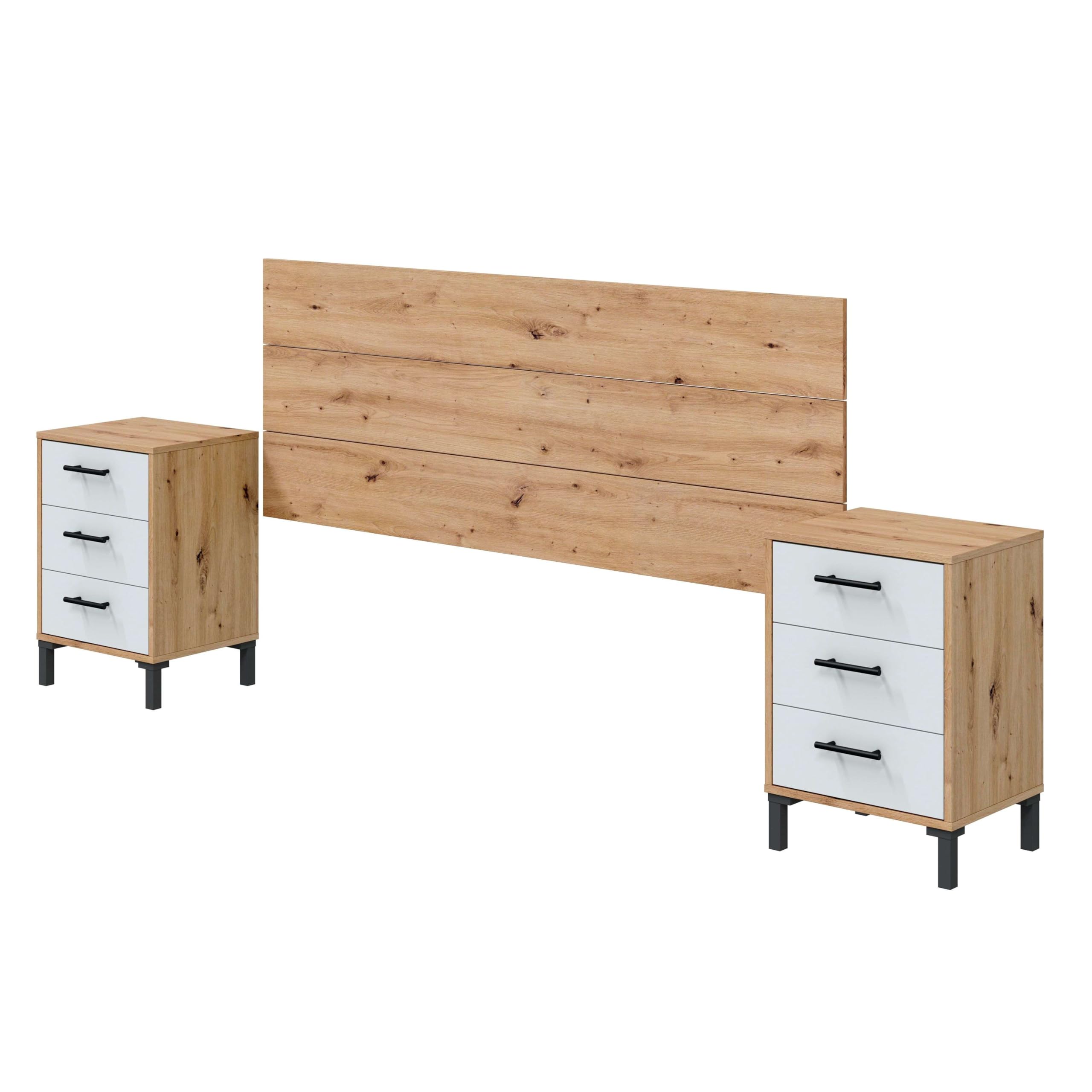 Miroytengo Cabecero + 2 Mesitas 3 Cajones Cabezal y Mesitas Moderno en Blanco Artik y Roble Nodi 240x101x33 cm