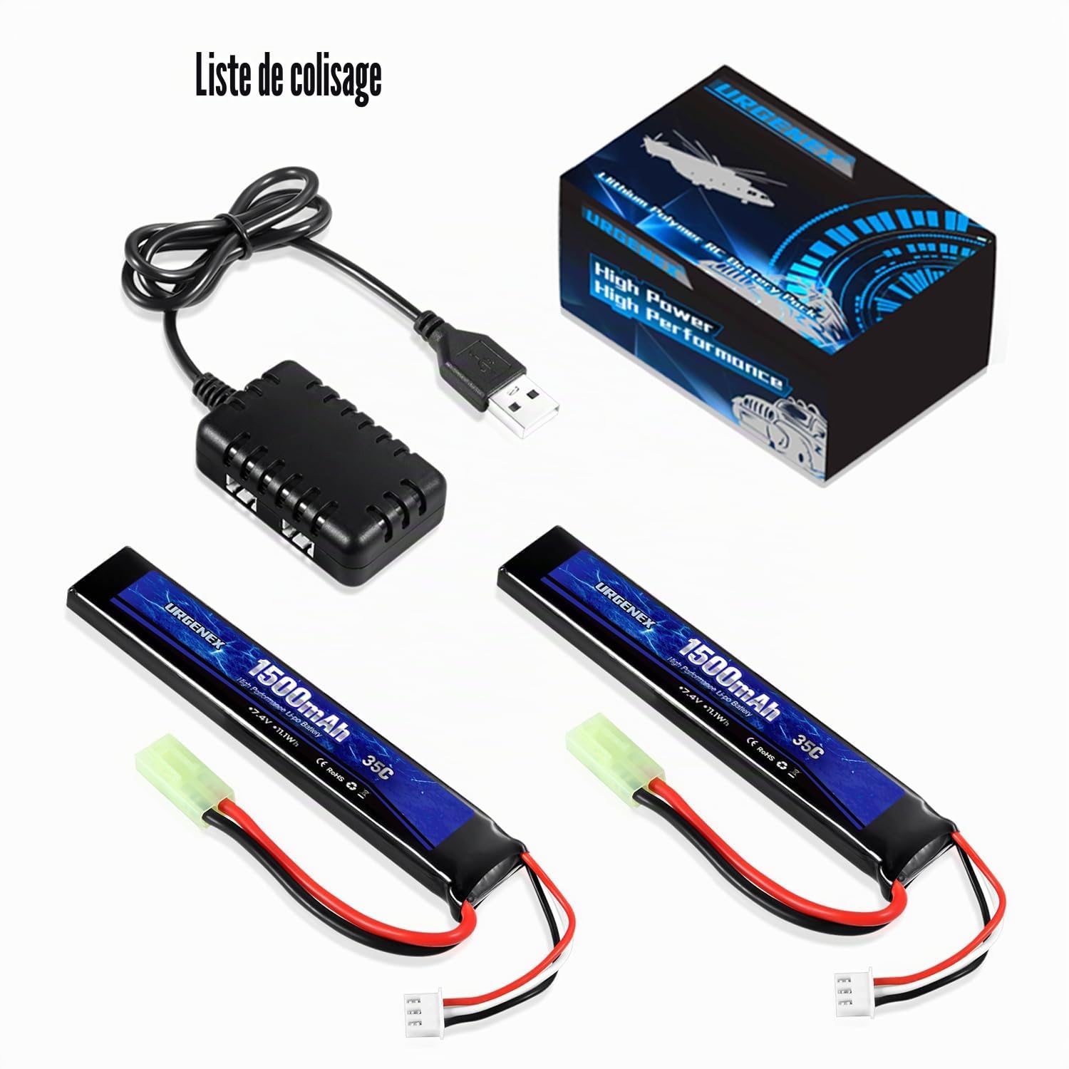Pack de batterie Lipo Airsoft 7,4 V 1500 mAh 35 C à taux de décharge élevé avec mini prise rechargeable 2S pour pistolets modèles Airsoft