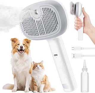 pecute Brosse Chat/Chien Autonettoyante, Brosse Vapeur Chat, Brosses Vaporisateur Chien, Efficace pour Poils Long et Court, 2 Mode de Pulvérisation, Antistatique, Ne Chauffe Pas, Blanc