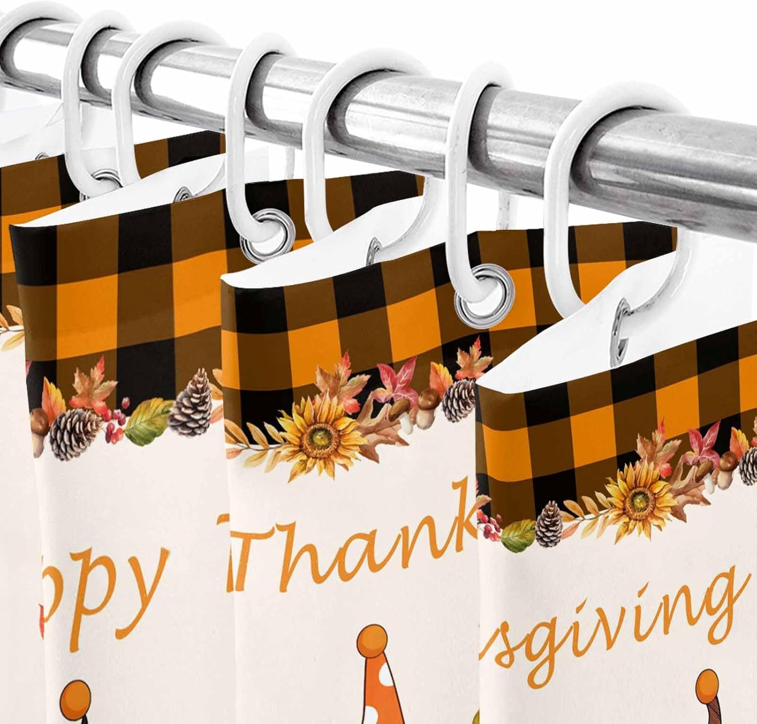 Shower Curtain Bathroom Curtain, Happy Thanksgiving Gnome Maple Leaves Sunflower Orange and Black Buffalo Check Water Repellent Fabric Curtain Set with 12 Hooks & Grommets for Bathtub, 72"x72"