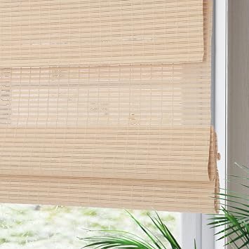 Yin Yang Cordless Blackout Bamboo Roman Shades, Natural Woven Wood Bamboo Shades, Beautiful Privacy Lined Bamboo Roman Blinds for Windows, Doors, Almond