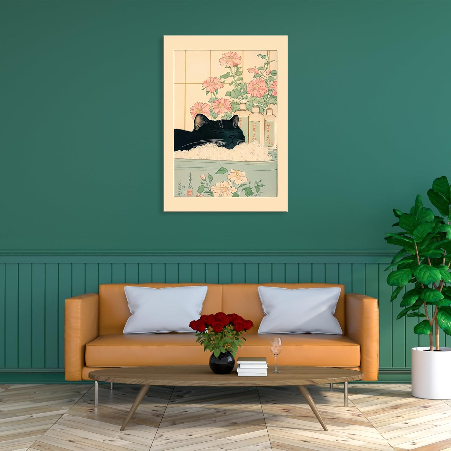 UCRAASDEB Framed Funny Black Cat In The Bathtub Canvas Wall Art, Japanese Cute Animal Take Bath Wall Decor, Aesthetic Minimalism Painting Picture Print Decor for Bathroom Restroom 24"x16"