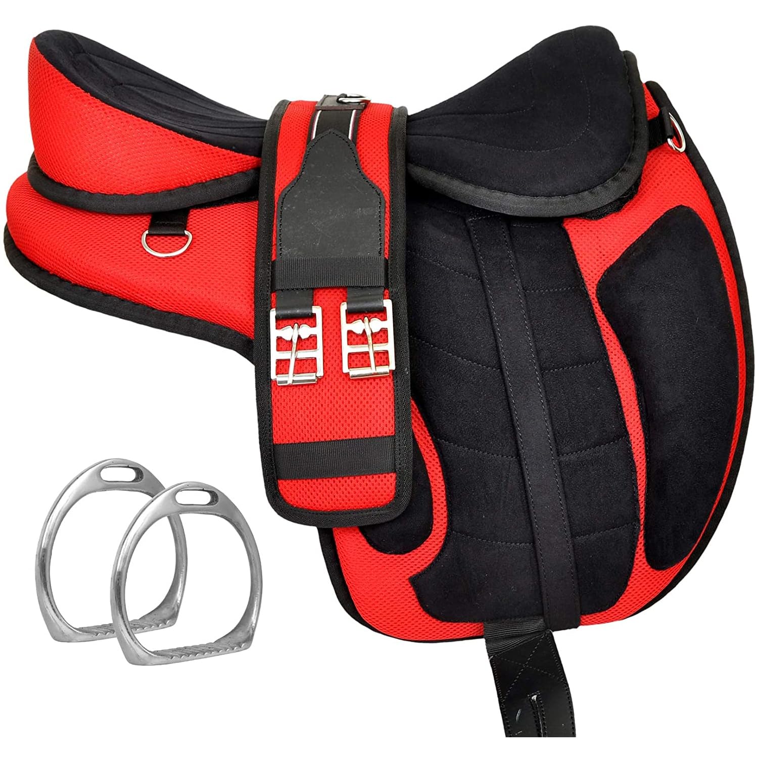 Synthetic Treeless Freemax English Horse Saddle with Matching Girth and Aluminum Stirrups Pair Set (Red, 18 Inches Seat)