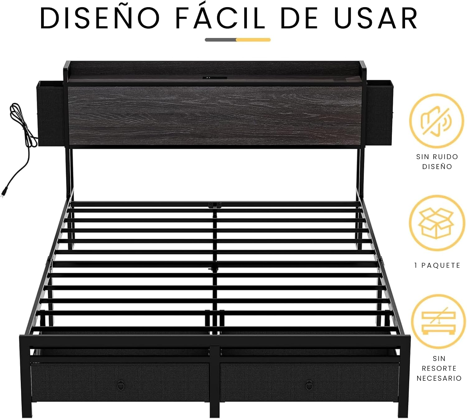 Image highlighting noiseless design, single package, and no box spring required