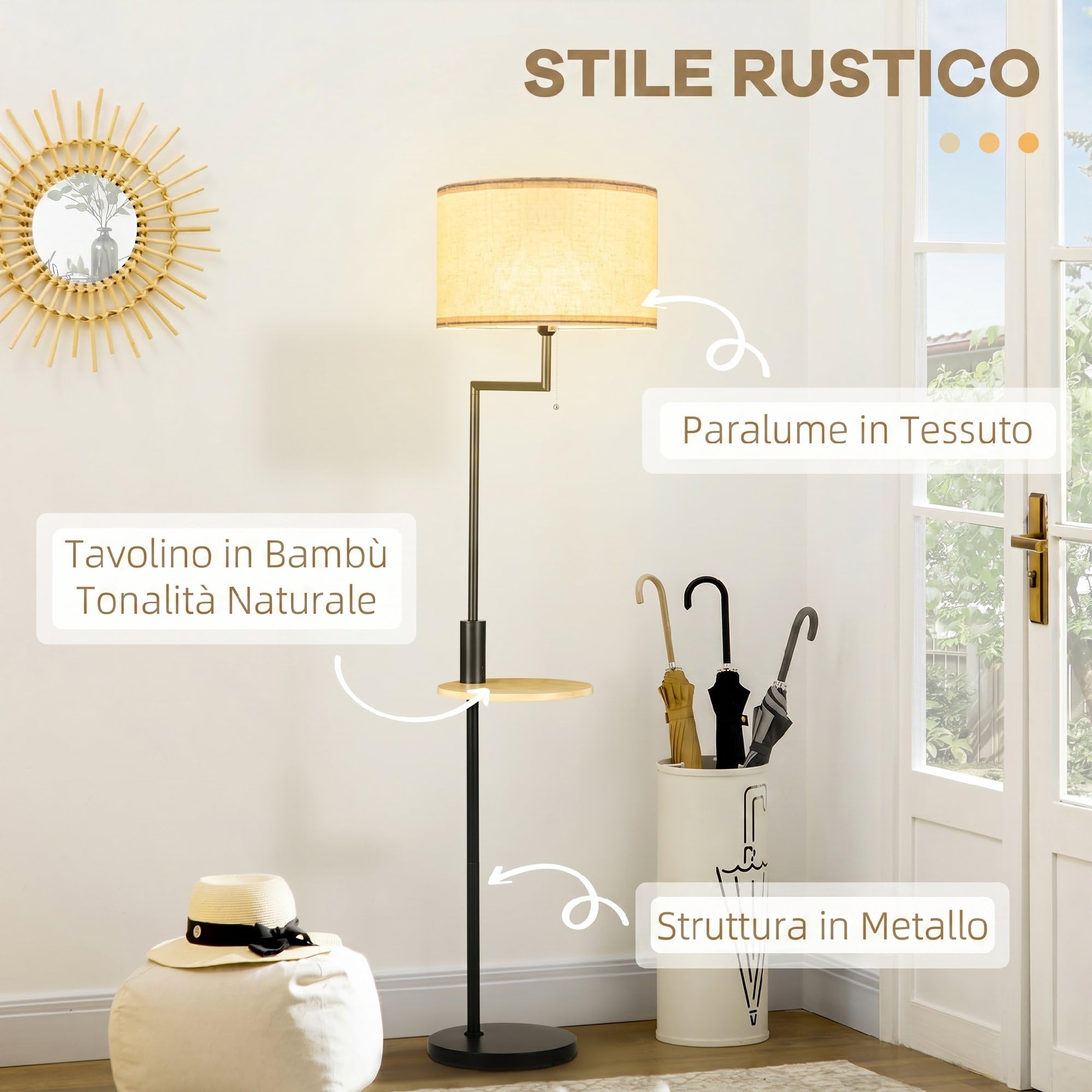 HOMCOM Lampada da Terra con Mensola Integrata in Bambù, Nero e Beige