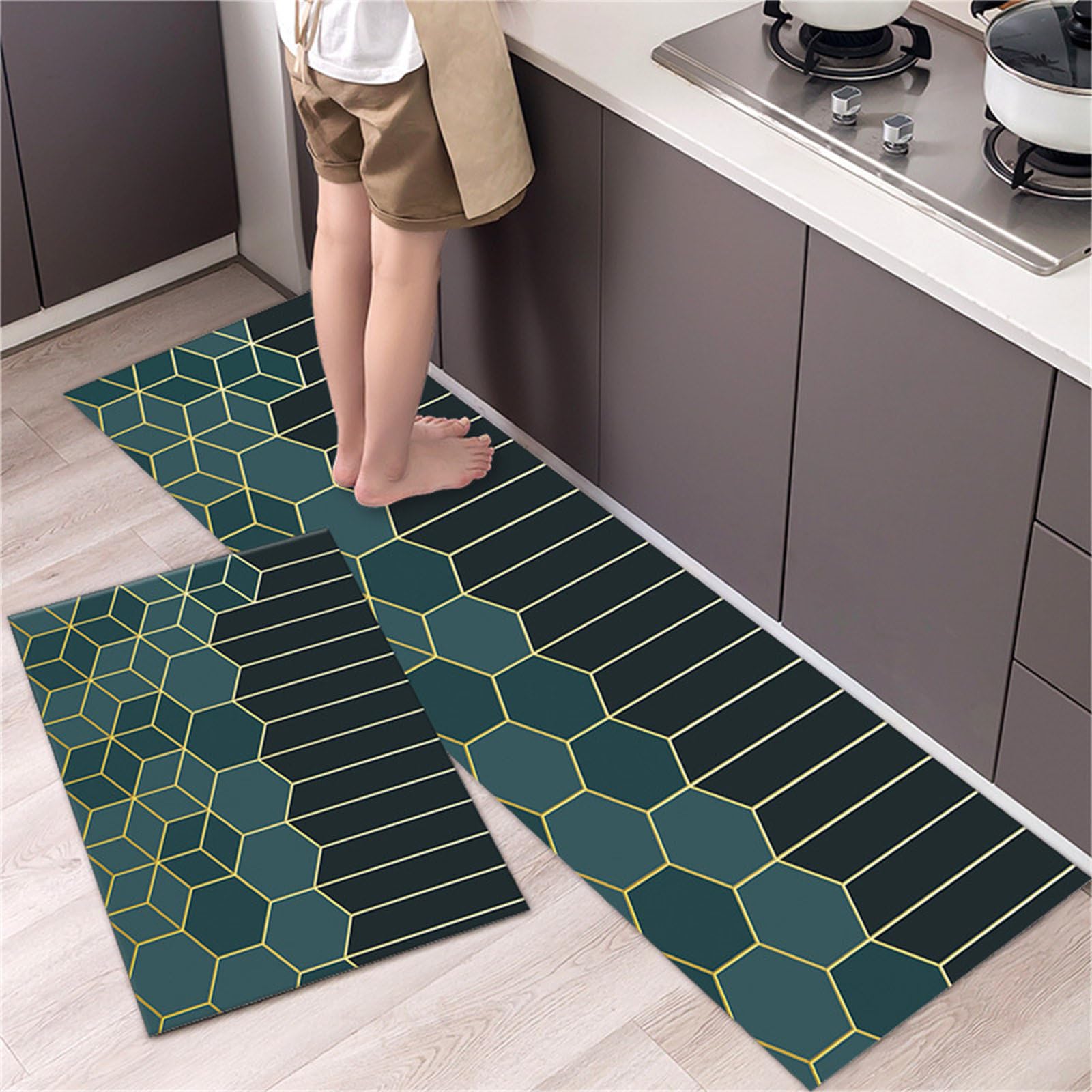 Highdi Kitchen Rug, Luxurious Geometry Water Absorbent Kitchen Mat, Non Slip Washable Anti-Fatigue Standing Mat, Quick Drying Diatom Mud Long Carpet for Entryway, Hallway, Sink (Green,60x90cm)