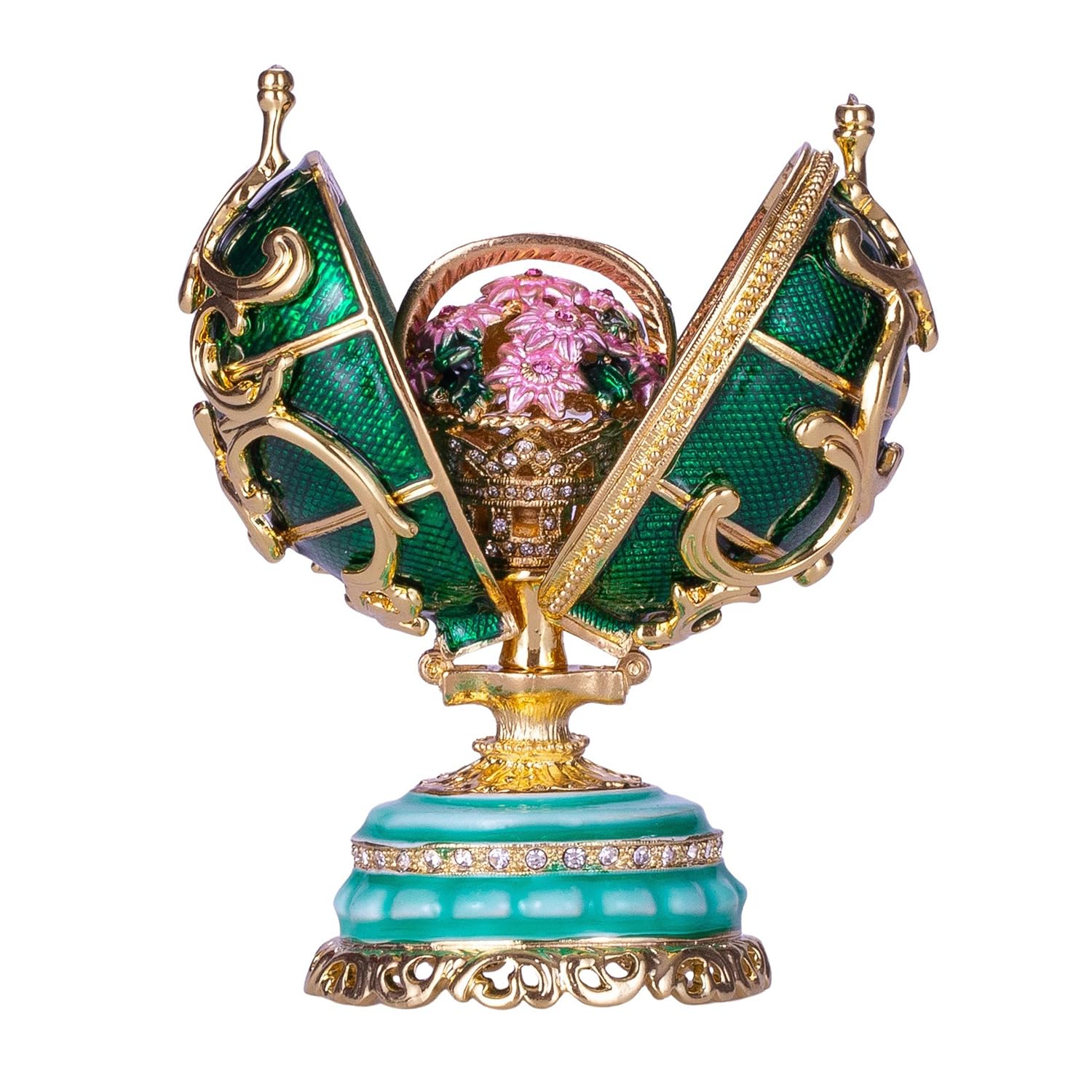 danila-souvenirs Huevo al Estilo Fabergé Flores de Primavera con Cesta de Flores 8,5 cm Verde