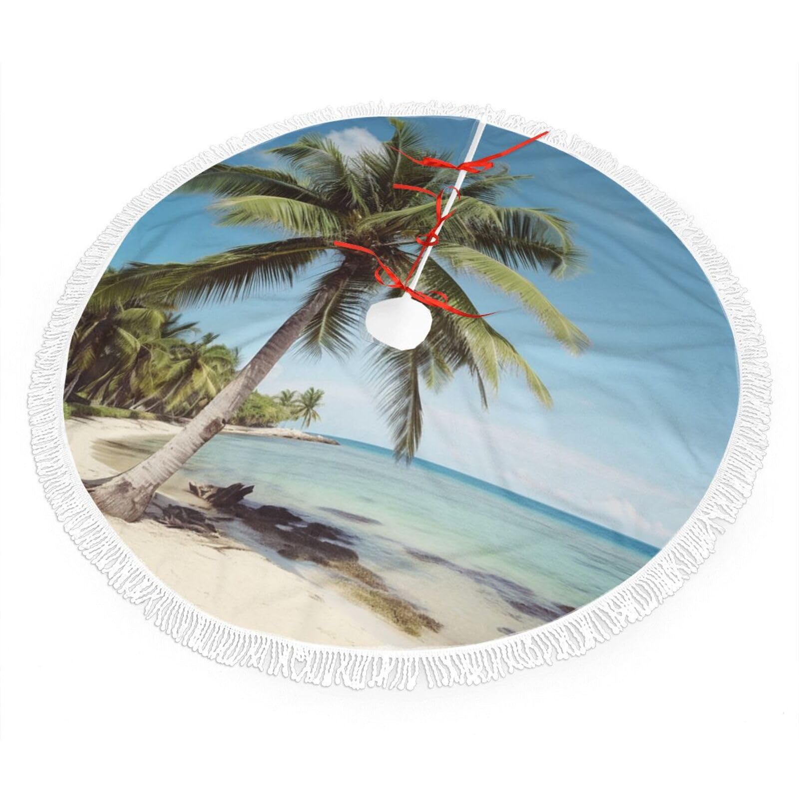 Beach Palm Tree Christmas Tree Skirt 48", Soft Plush Xmas Tree Carpet with Tassel Christmas Ornaments Winter Holiday Tree Mat Decoration for Home Party Supplies