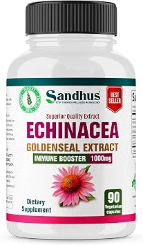 Sandhus Echinacea Goldenseal - Immune Booster Supports Immune and Respiratory Health1000 mg per Serving Vegetarian Capsules 90 Ct-