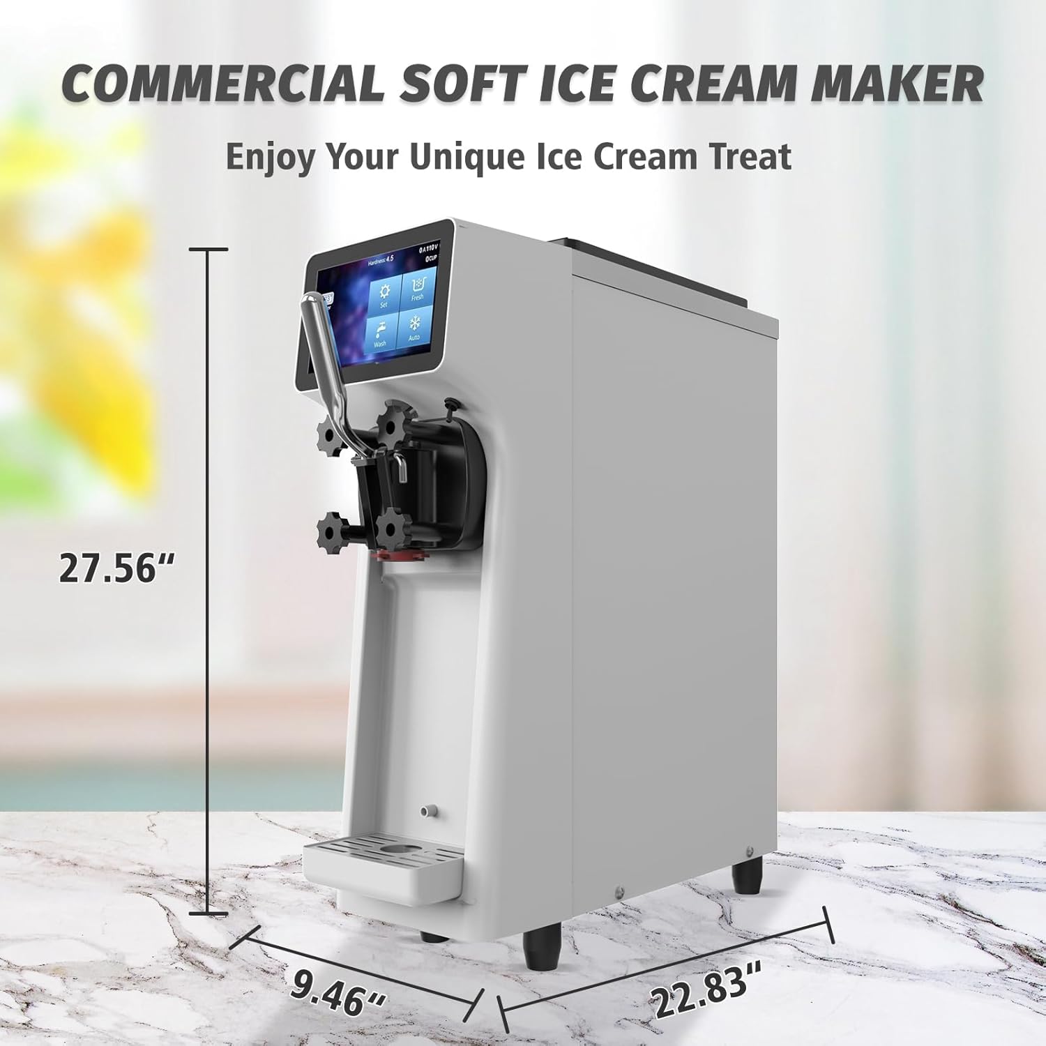 Commercial Ice Cream Maker Machine 1000W 2.7 to 4 Gal/H Single Flavor Soft Serve Ice Cream Machine Pre-cooling Auto Clean LCD Touch Screen Soft Serve Maker for Snack Bar Restaurants