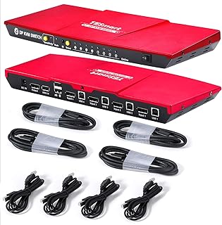 TESmart 4 Port DisplayPort KVM Switch, 4K@60Hz UHD, Mechanical & Multimedia Keyboards, G/Sync & Free Sync, Auto Scan, USB 2.0, IR Remote, DP KVM Switch with 4 Pcs 5ft KVM Cables and DP Cables（Red)