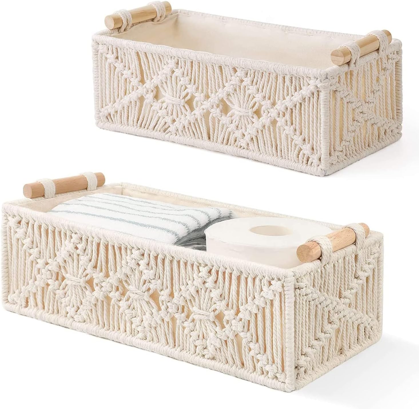 Angju Macrame Storage Baskets Boho Decor Box Handmade Woven Decorative Countertop Toilet Tank Shelf Cabinet Organizer for Bedroom Nursery Livingroom Home, Set of 2