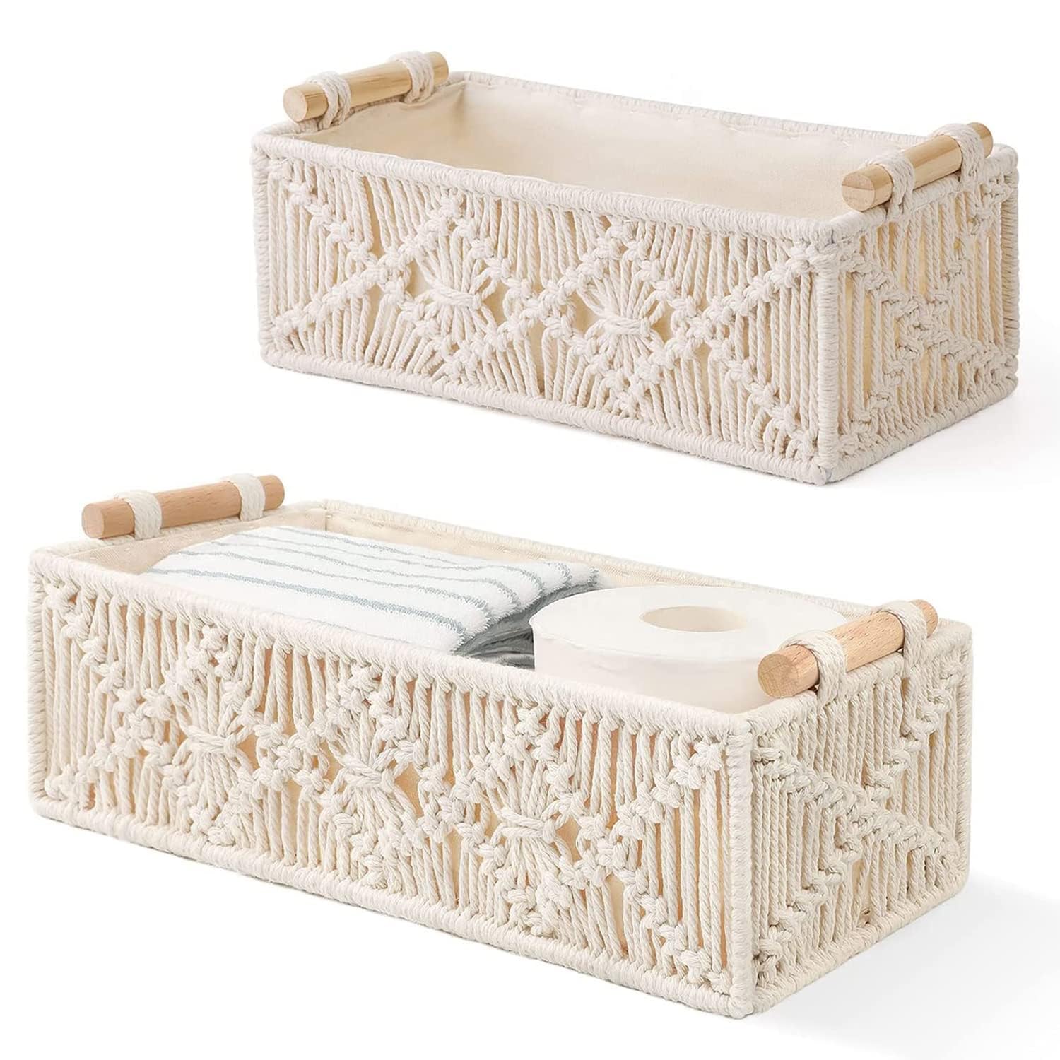 Angju Macrame Storage Baskets Boho Decor Box Handmade Woven Decorative Countertop Toilet Tank Shelf Cabinet Organizer for Bedroom Nursery Livingroom Home, Set of 2
