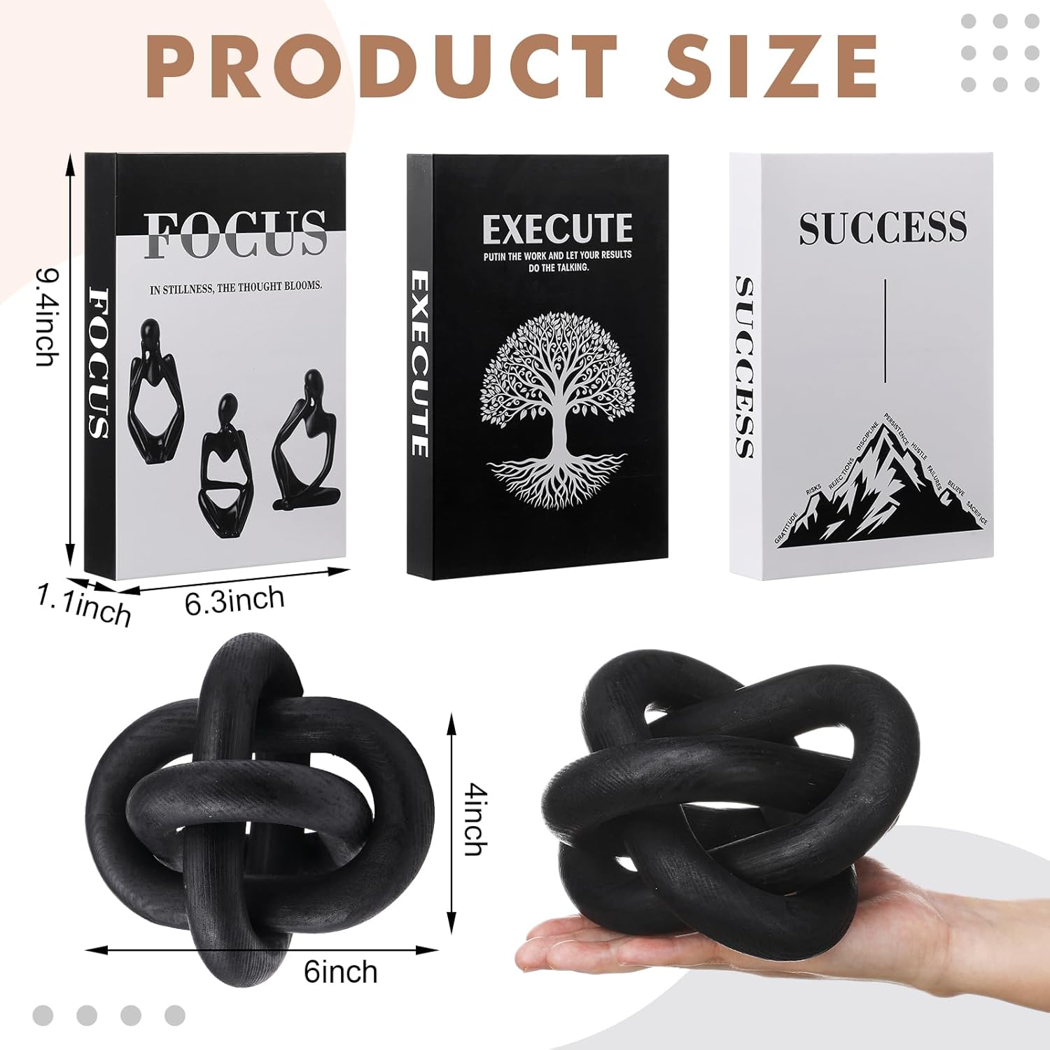 Motivational Decorative Book and 3 Link Wood Knot Decor Set for Desk Decor Modern Home Office Shelf Aesthetic Black White Faux Fake Books for Decoration Minimalist Book Box for Coffee Table