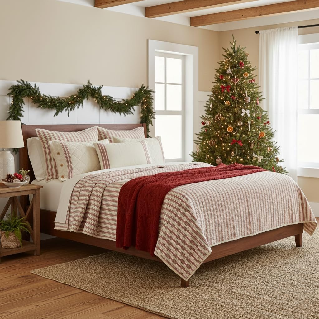 Market Place Red California King Quilt, 100% Cotton Quilted Bedspread with Red Ticking, Hand Quilted Grain Sack Bed Spread Bedding for Boho, Shabby Chic and Rustic Farmhouse Decor (103”x103”)