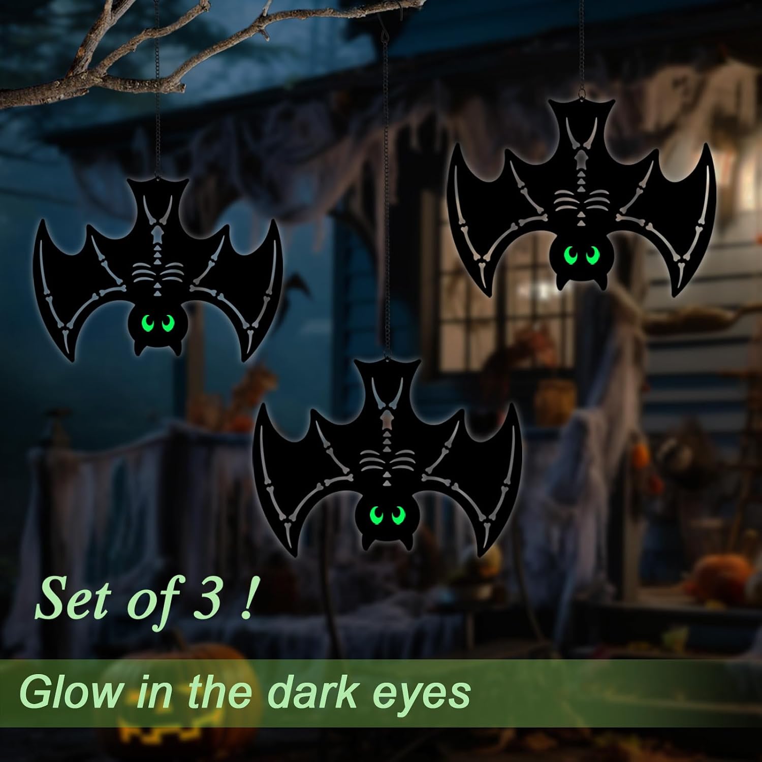 3Pack Metal Hanging Bats Halloween Decorations Outdoor with Glow Eyes for Indoor/Outdoor,Halloween Decor Outside