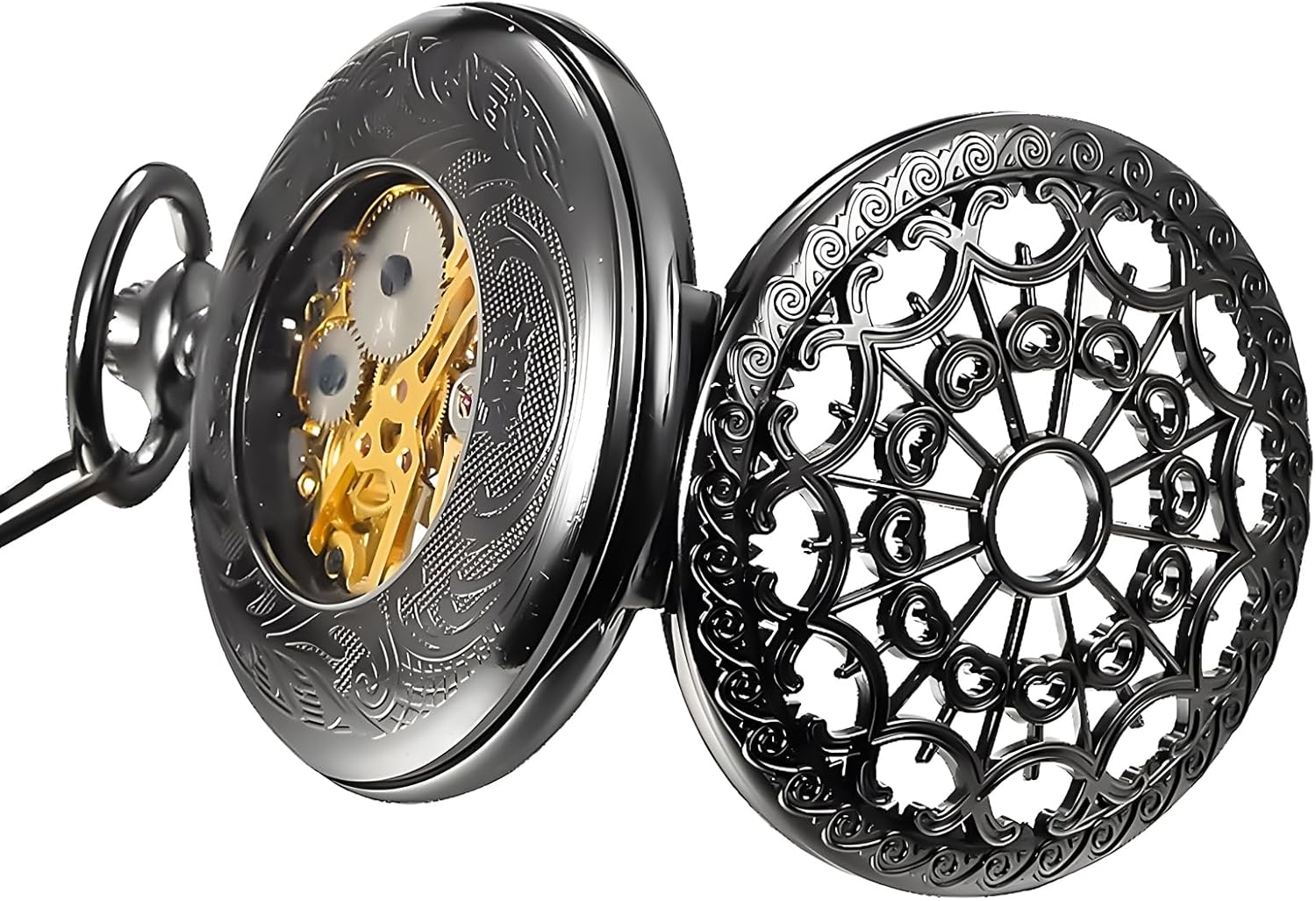 Carrie Hughes Mens Cobweb Black Steampunk Skeleton Pocket Watch with Chain in Box CHPW4C
