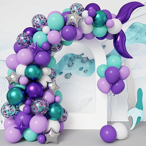 RUBFAC Kit de guirnalda de globos de sirena con arco y globos de confeti para decoraciones de fiesta de cumpleaños de sirena