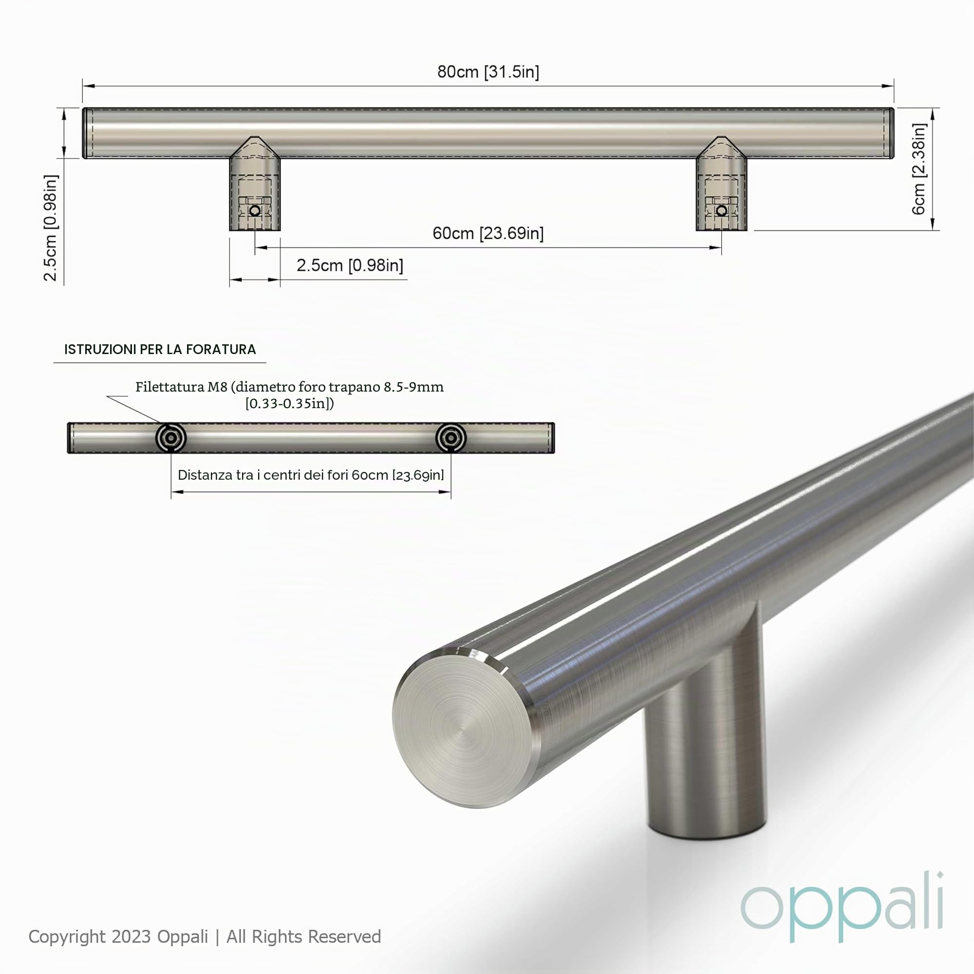Spazzolato Acciaio Inossidabile 304 Materiale di alta qualità Maniglia per Porta Entrata | Diametro Manico 25mm | Rotondo T-Bar | 80cm Lunghezza totale