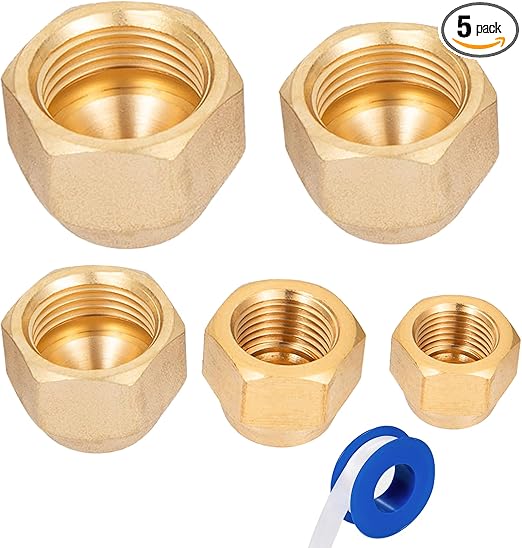 Brass Flare Cap Assortment Kits, SAE 45 Degree Flared Tube Fitting for 1/4" 5/16" 3/8" 1/2" 5/8" Tube OD 5 Sizes Set