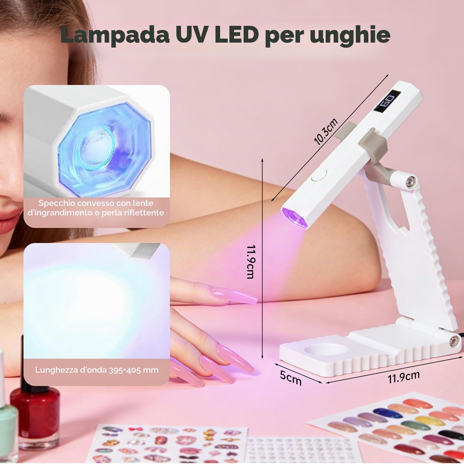 Mini Lampada UV LED Unghie, 3W Portatile UV Lampada per Unghie con Supporto, USB Lampada Unghie UV Led, 20/60 Timer Lampada Gel Sciugatura Rapida per Asciuga Unghie Salone di Casa