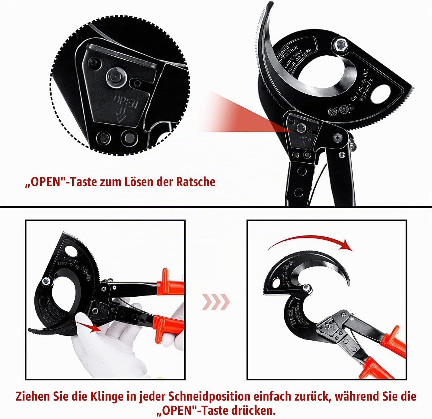 Kabelschere Ratschen-Kabelschneider, Ratschenkabelschneider Schneidet bis zu 400 mm², Ratschenschneider und Drahtkabelschneider, Druckverstellbarer Drahtschneider HS520A